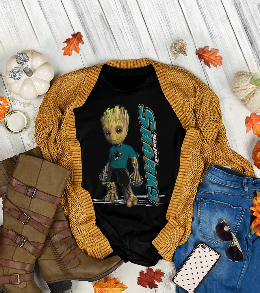 Groot San Jose Sharks Fan Character with Hockey Pucks T-Shirt