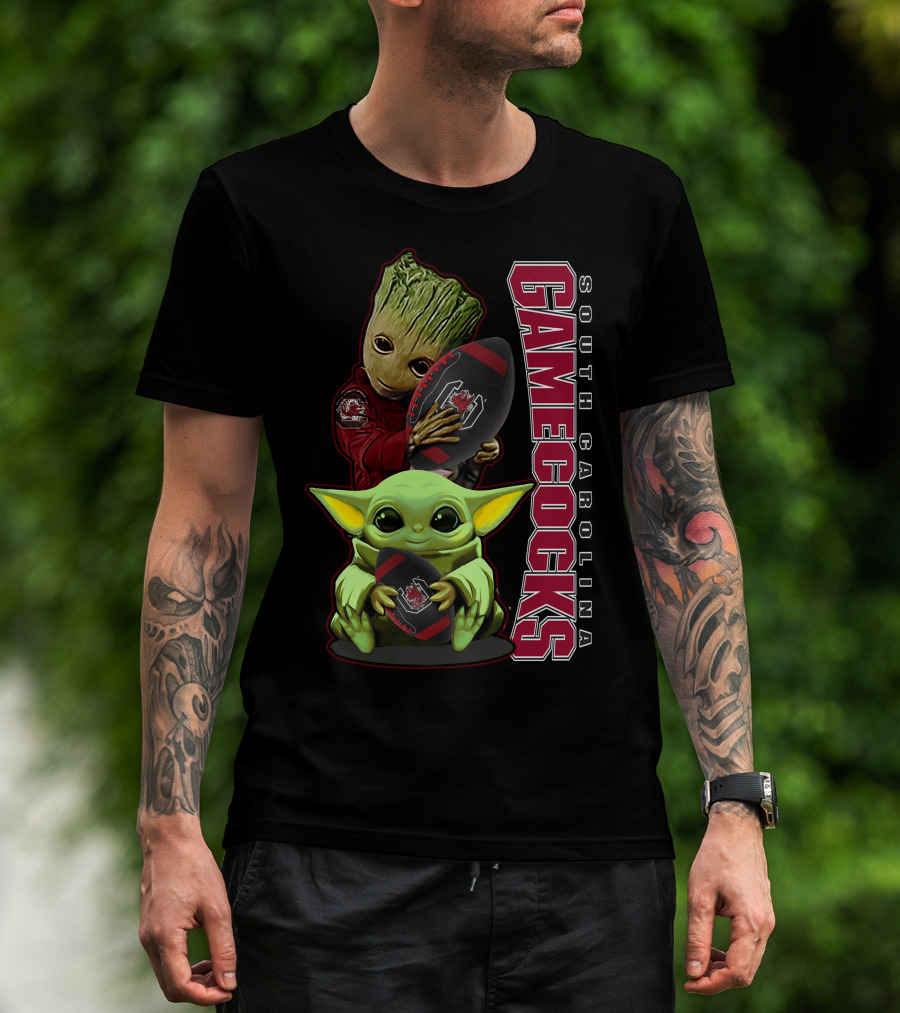 Groot And Baby Yoda Holding South Carolina Gamecocks Football T-Shirt