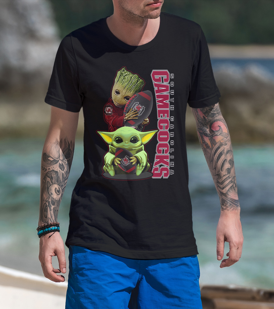 Groot And Baby Yoda Holding South Carolina Gamecocks Football T-Shirt