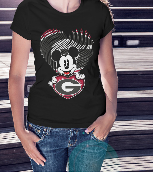 Mick Georgia Bulldogs Heart With G Logo And Black Red Stripes T-Shirt