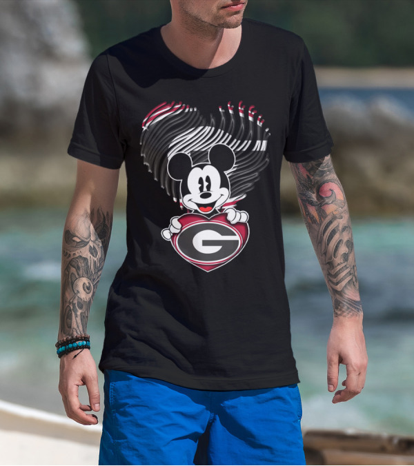 Mick Georgia Bulldogs Heart With G Logo And Black Red Stripes T-Shirt