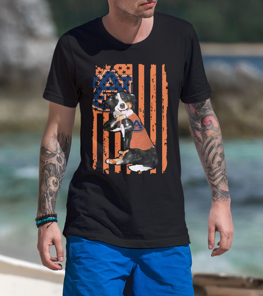 Auburn Tigers I Love Mom Border Collie With Logo And American Flag Stripes T-Shirt