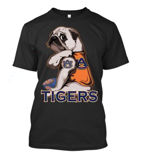 Pug Wearing Auburn Tigers Jersey With Football T-Shirt