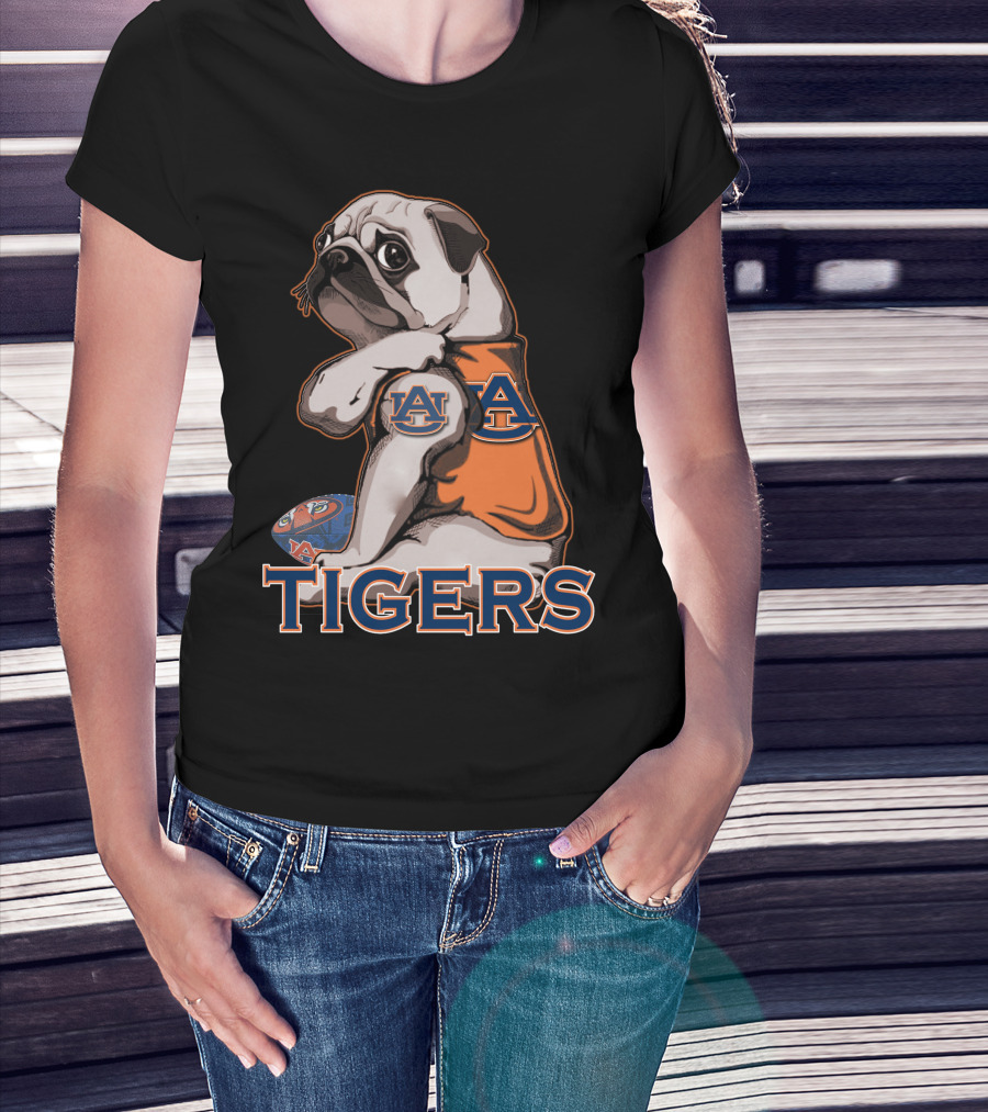 Pug Wearing Auburn Tigers Jersey With Football T-Shirt