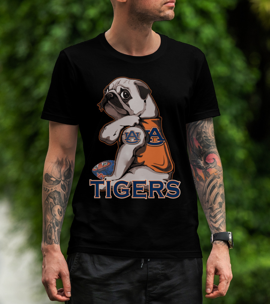 Pug Wearing Auburn Tigers Jersey With Football T-Shirt
