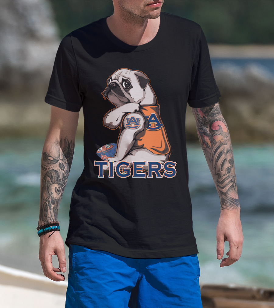 Pug Wearing Auburn Tigers Jersey With Football T-Shirt