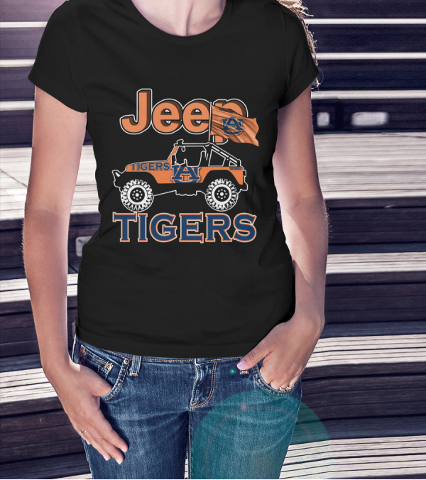 Jeep Auburn Tigers Logo With Orange Jeep And Flag T-Shirt