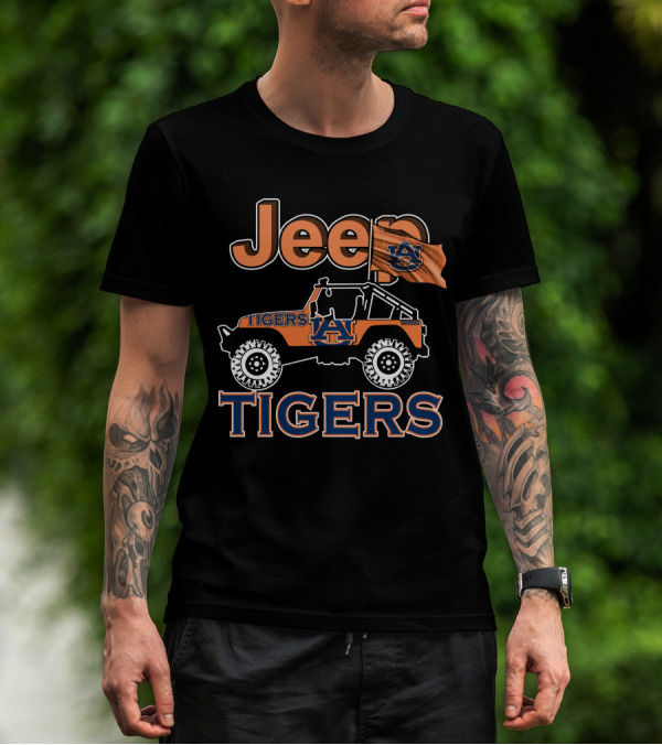 Jeep Auburn Tigers Logo With Orange Jeep And Flag T-Shirt