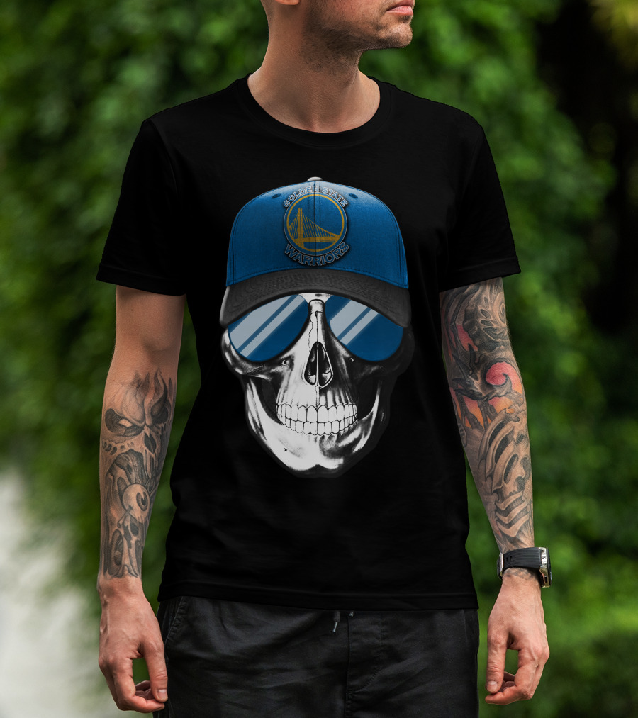 Golden State Warriors Skull With Blue Cap And Sunglasses T-Shirt
