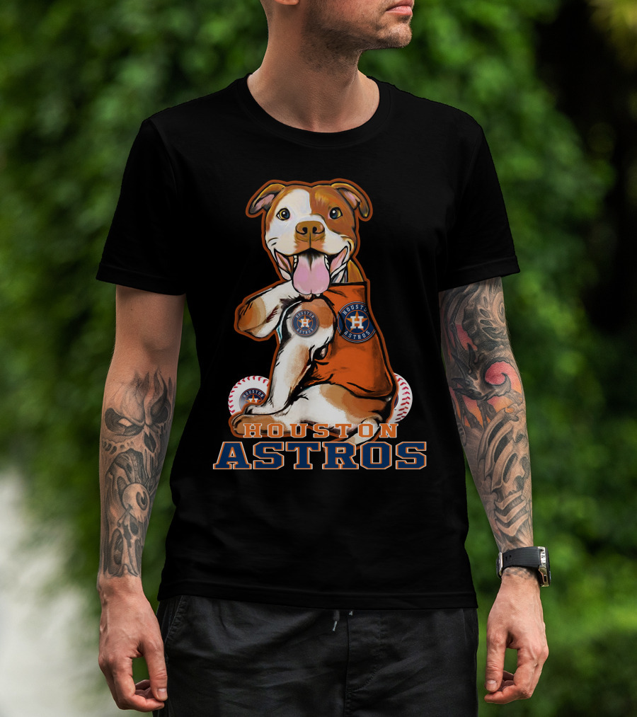 Pittbull Wearing Houston Astros Logo With Baseballs T-Shirt