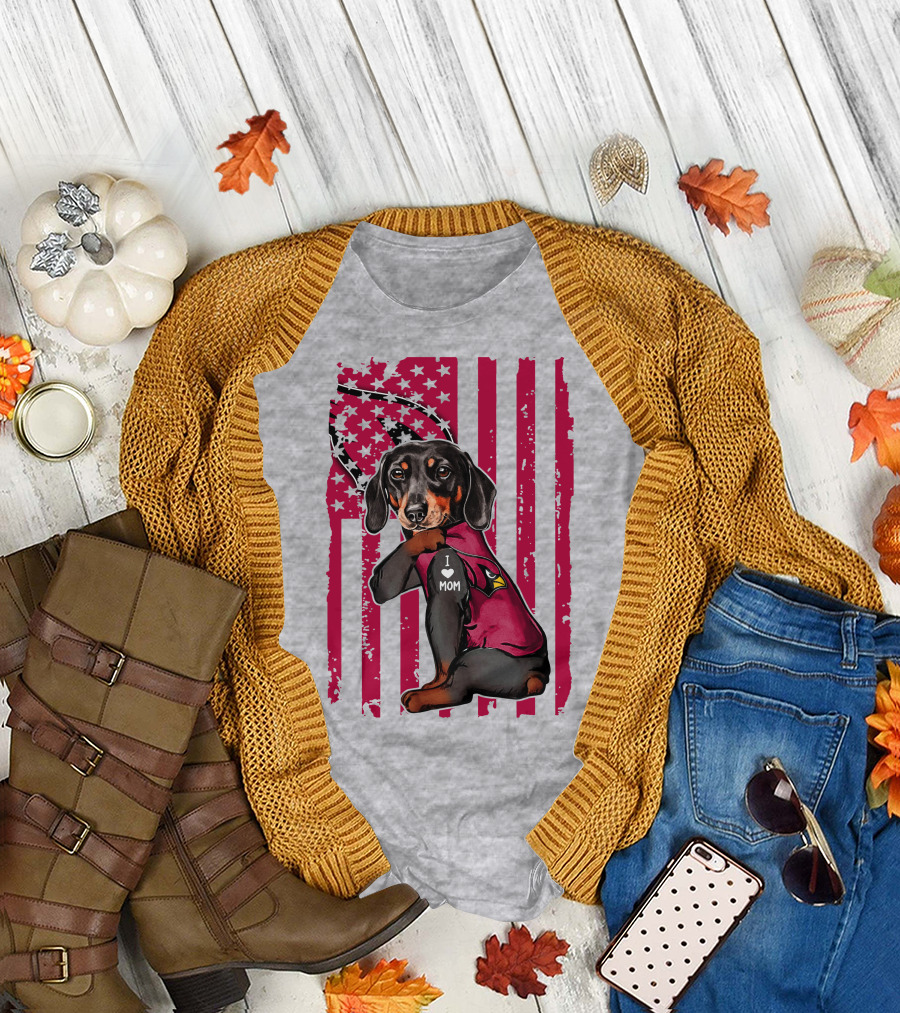 Arizona Cardinals Dachshund I Love Mom USA Flag T-Shirt