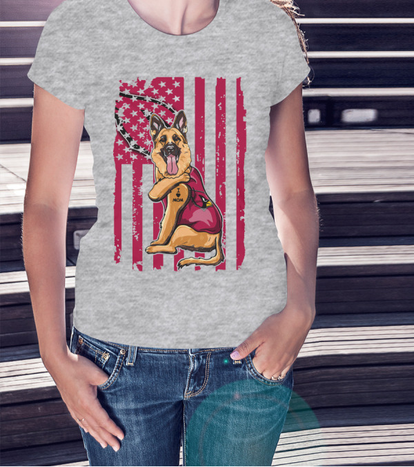 German Shepherd Wearing Arizona Cardinals Jersey With American Flag Background T-Shirt