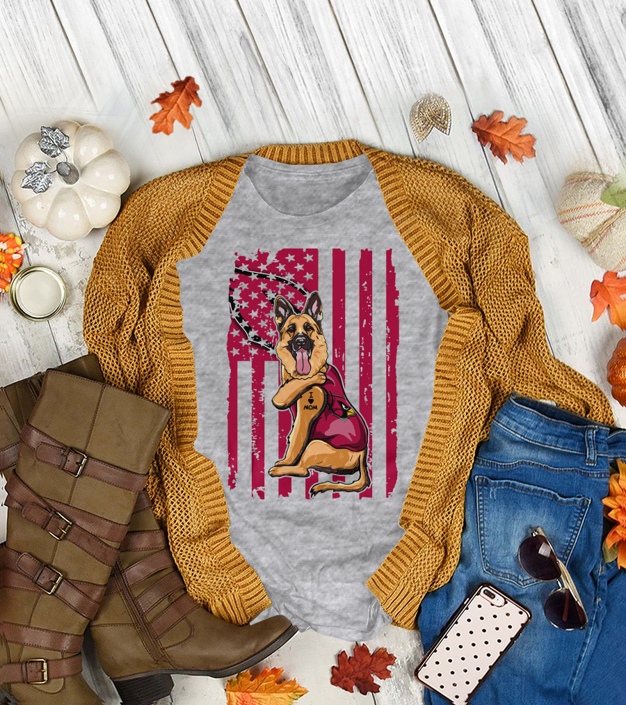 German Shepherd Wearing Arizona Cardinals Jersey with American Flag Background T-Shirt