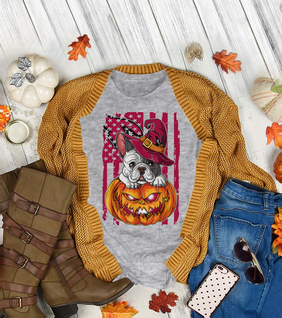 Hlw Bulldog Witch Hat Pumpkin Stars Stripes T-Shirt