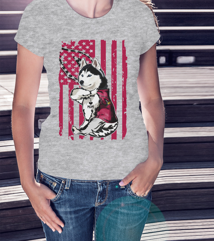 Siberian Husky I Love Mom Arizona Cardinals American Flag T-Shirt