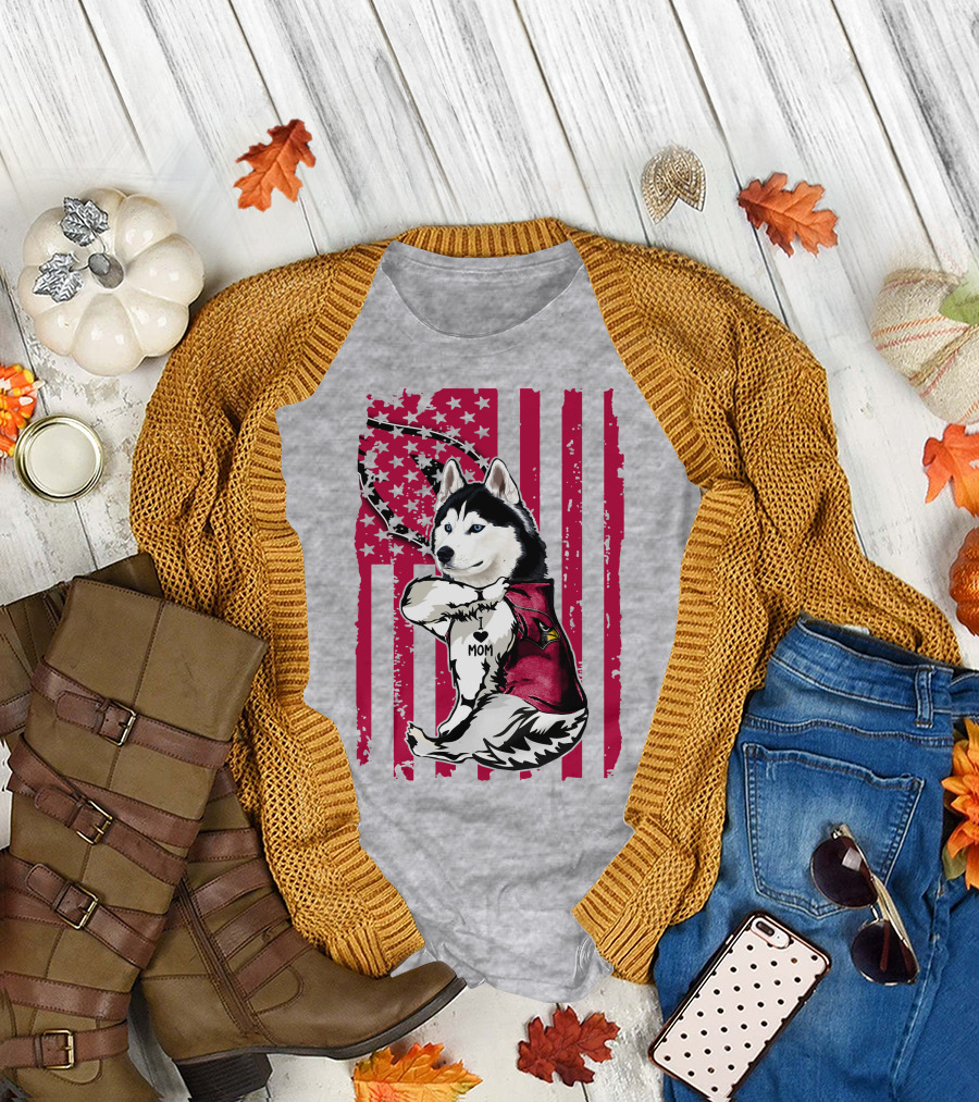 Siberian Husky I Love Mom Arizona Cardinals American Flag T-Shirt