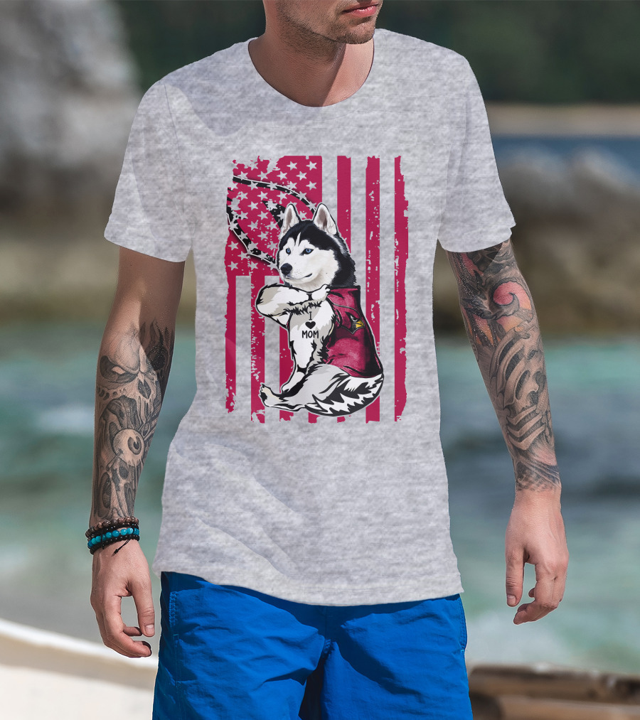 Siberian Husky I Love Mom Arizona Cardinals American Flag T-Shirt