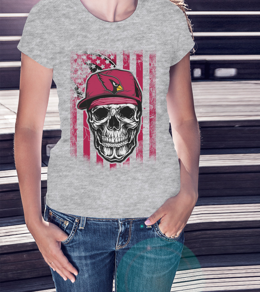 Skull V1 Arizona Cardinals Red Cap American Flag T-Shirt