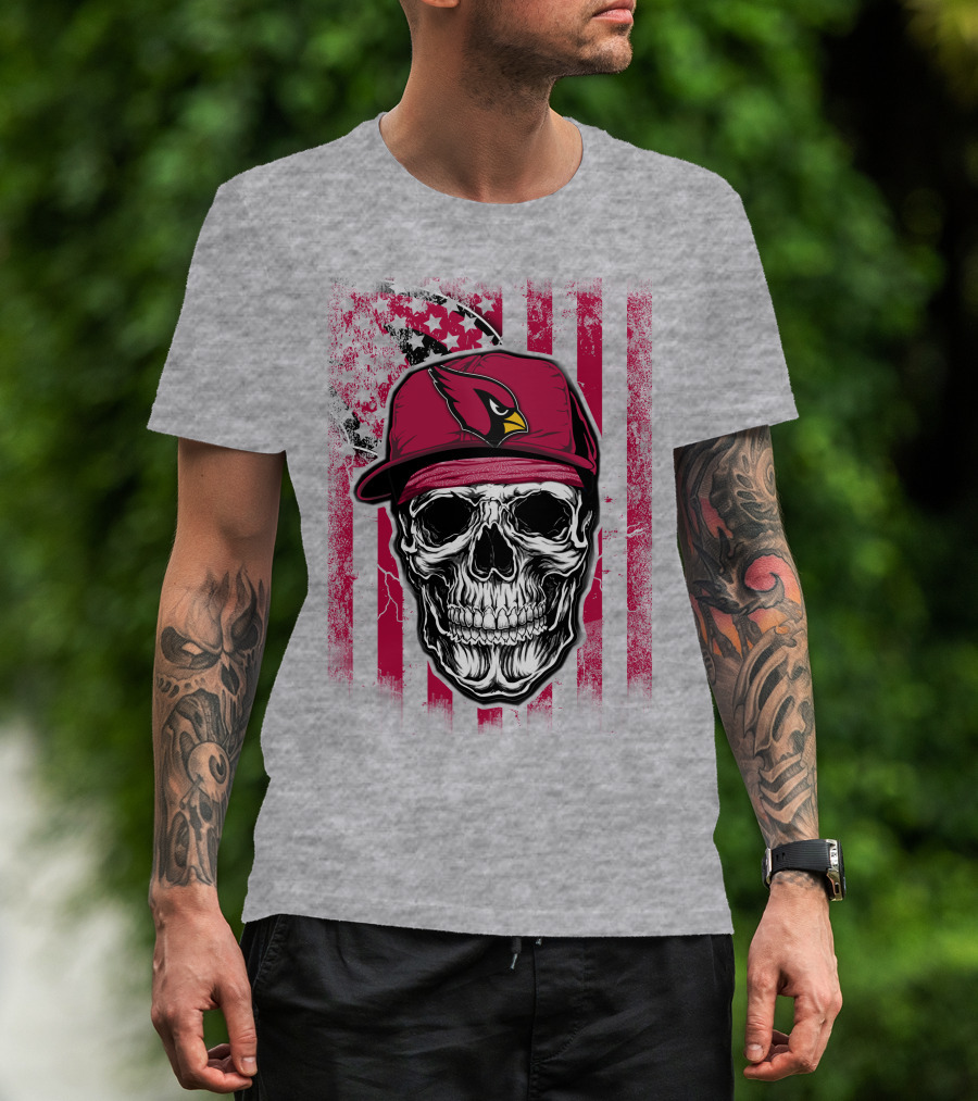Skull V1 Arizona Cardinals Red Cap American Flag T-Shirt