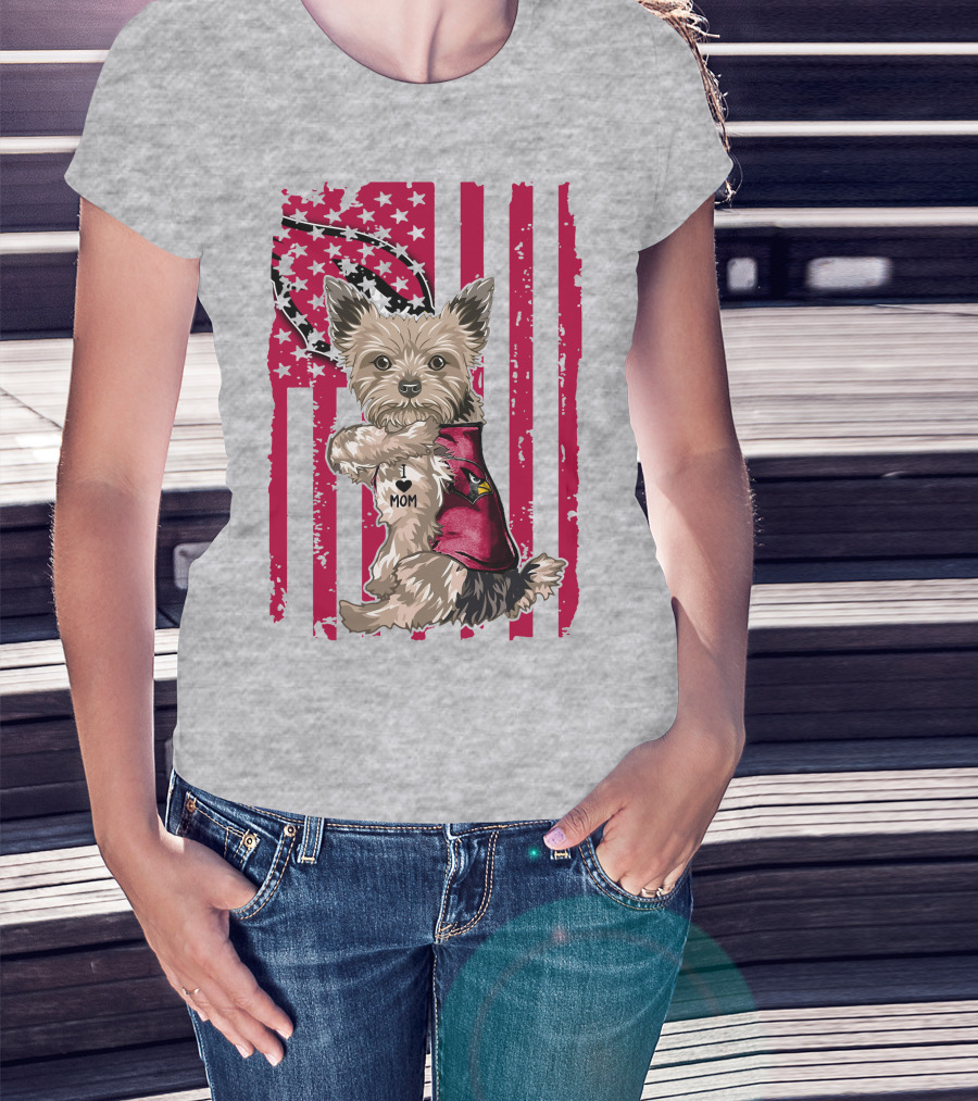 Yorkshire Terrier I Love Mom Arizona Cardinals American Flag T-Shirt