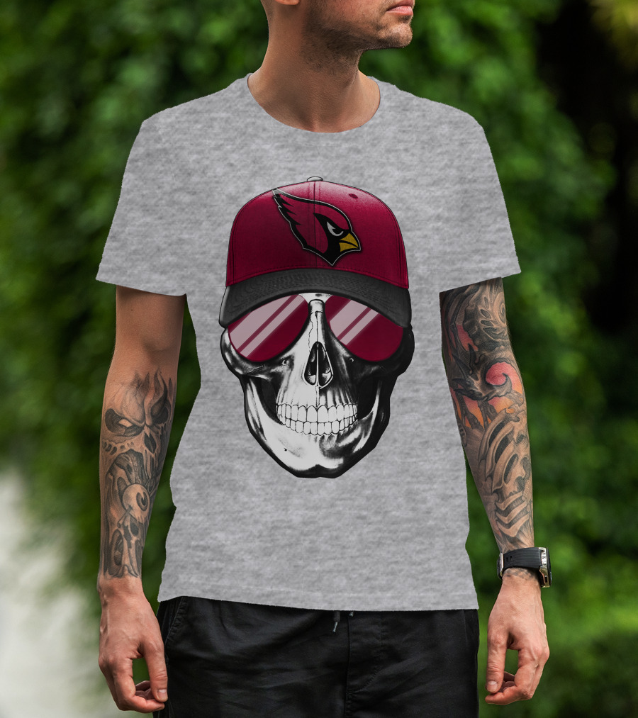 Skull V7 Arizona Cardinals Logo Hat And Sunglasses T-Shirt