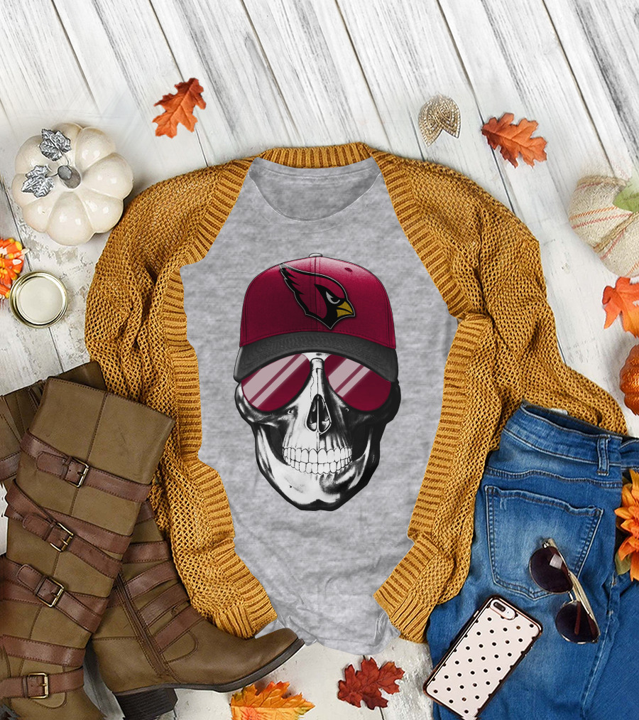 Skull V7 Arizona Cardinals Logo Hat And Sunglasses T-Shirt