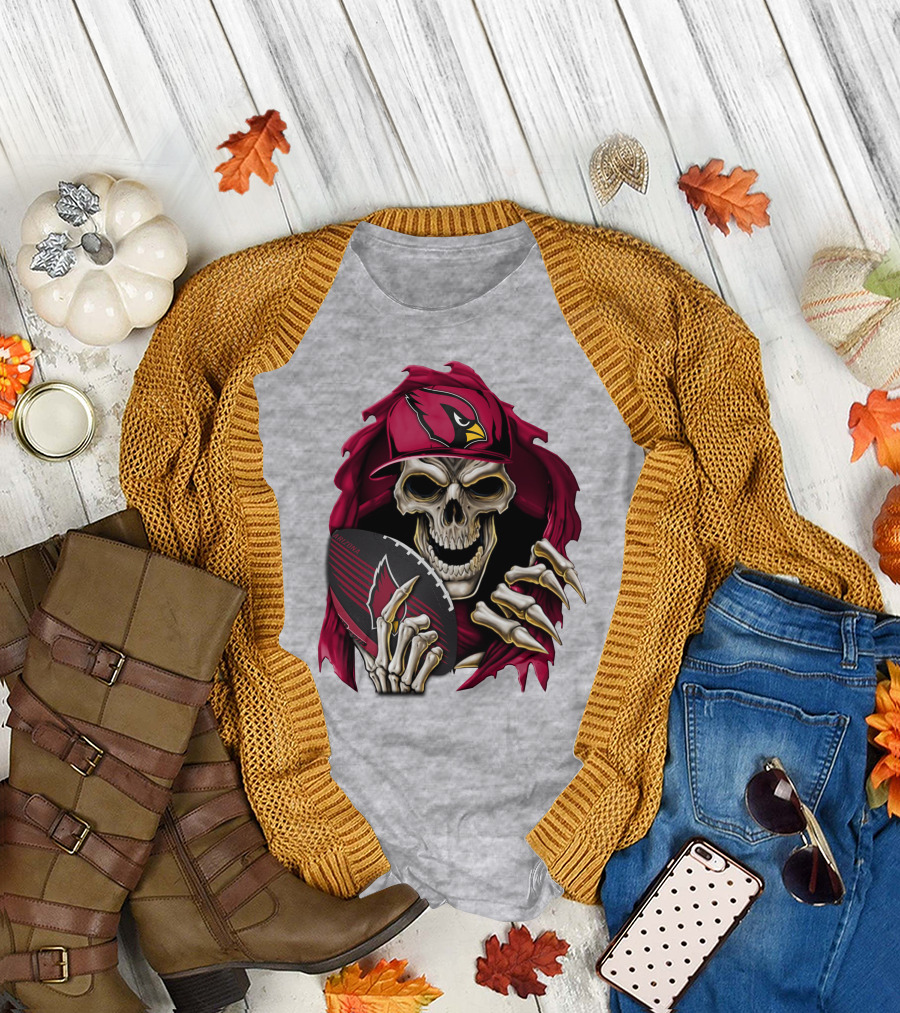 Arizona Cardinals Skeleton Skull Holding Football T-Shirt