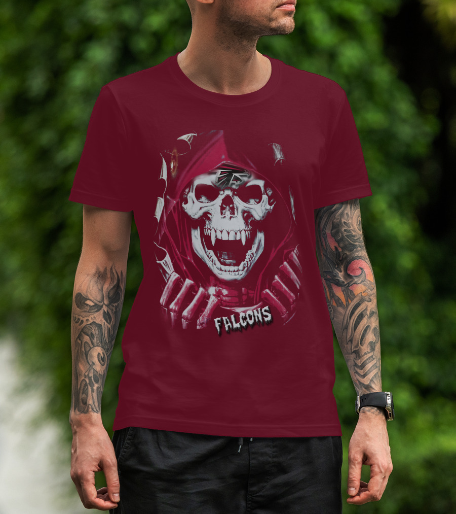 Atlanta Falcons Skull In Red Hood With Logo Elements T-Shirt