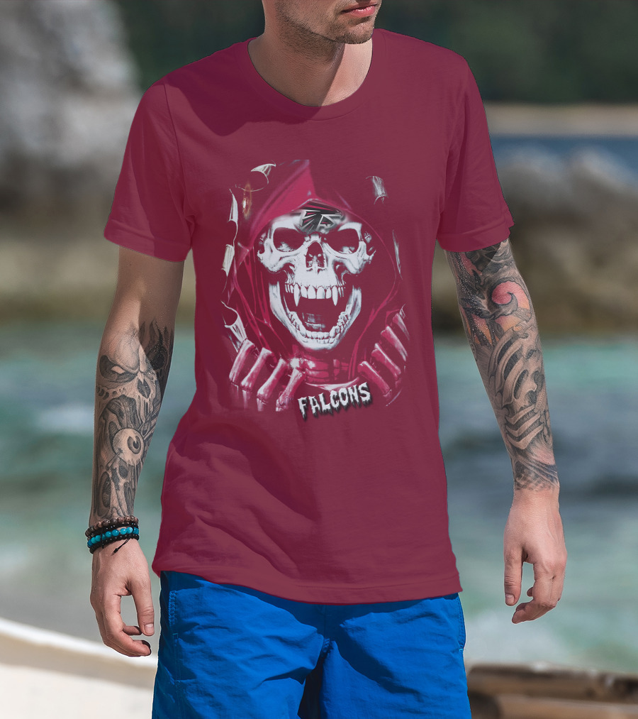 Atlanta Falcons Skull In Red Hood With Logo Elements T-Shirt