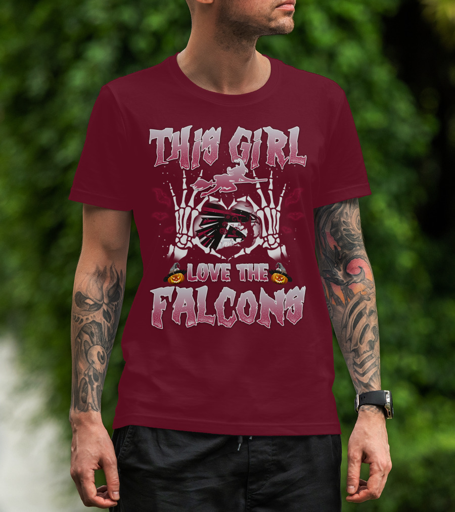 This Girl Love The Falcons Halloween Skeleton Hands Pumpkin T-Shirt