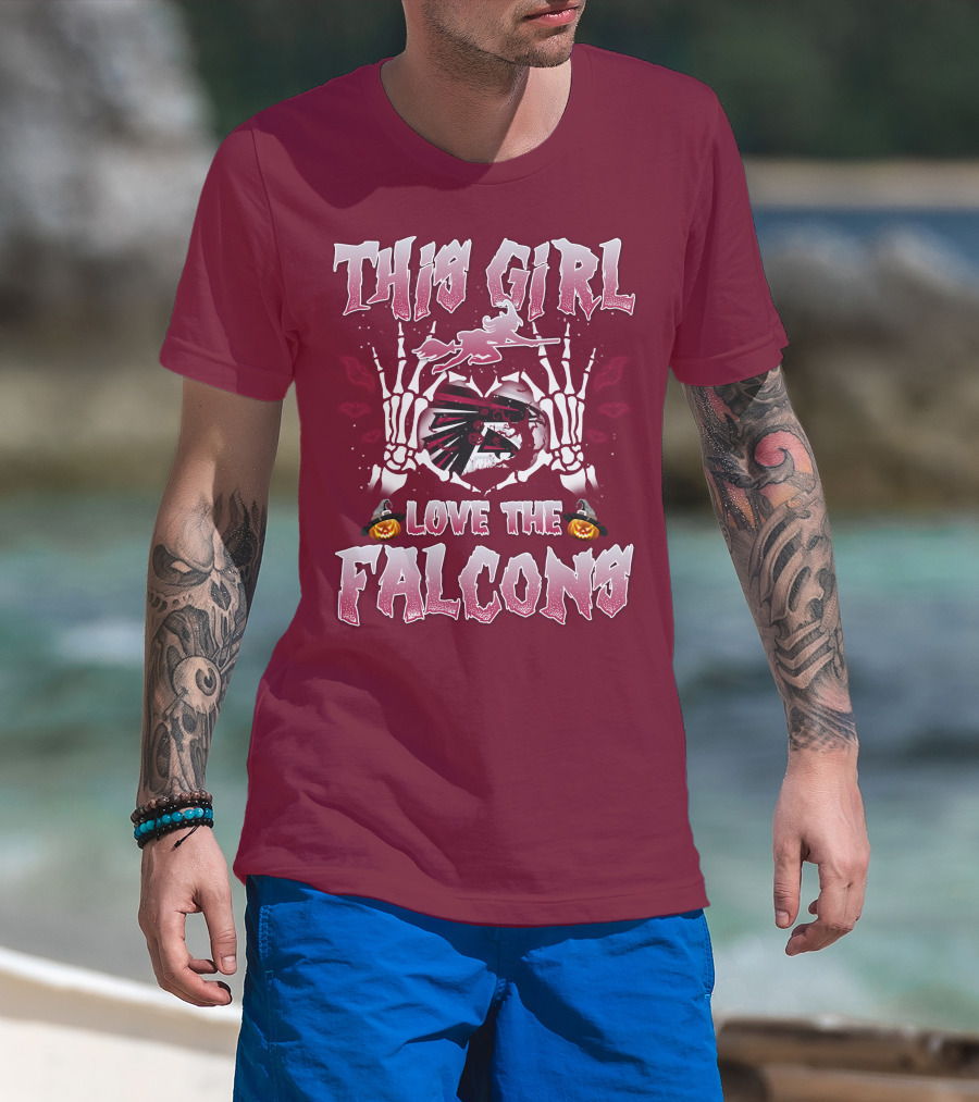 This Girl Love The Falcons Halloween Skeleton Hands Pumpkin T-Shirt