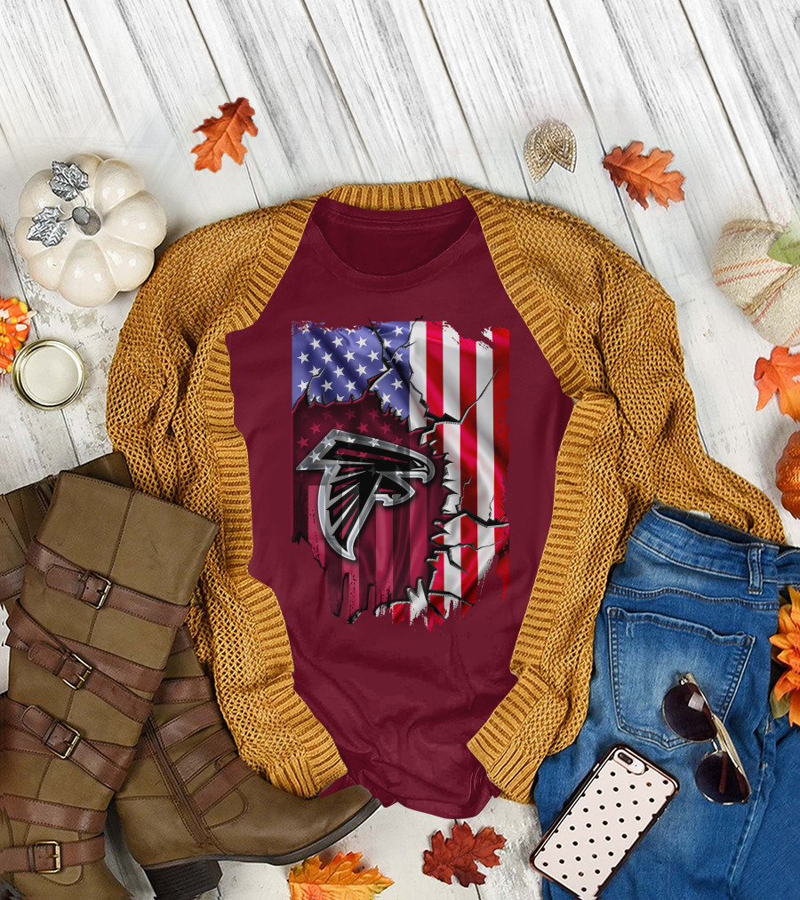 American Flag With Atlanta Falcons Logo And Cracked Design Mix T-Shirt