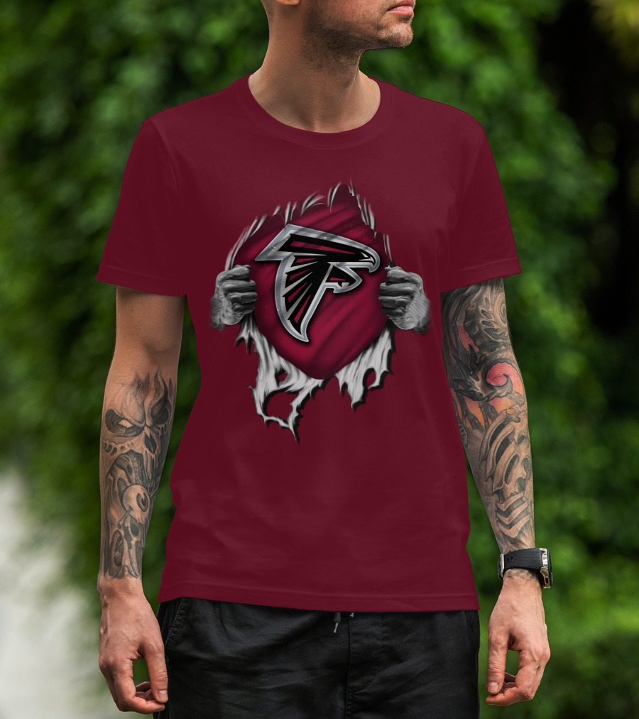 Torn Atlanta Falcons Logo With Hands Emerging T-Shirt