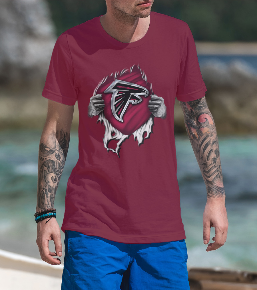 Torn Atlanta Falcons Logo With Hands Emerging T-Shirt
