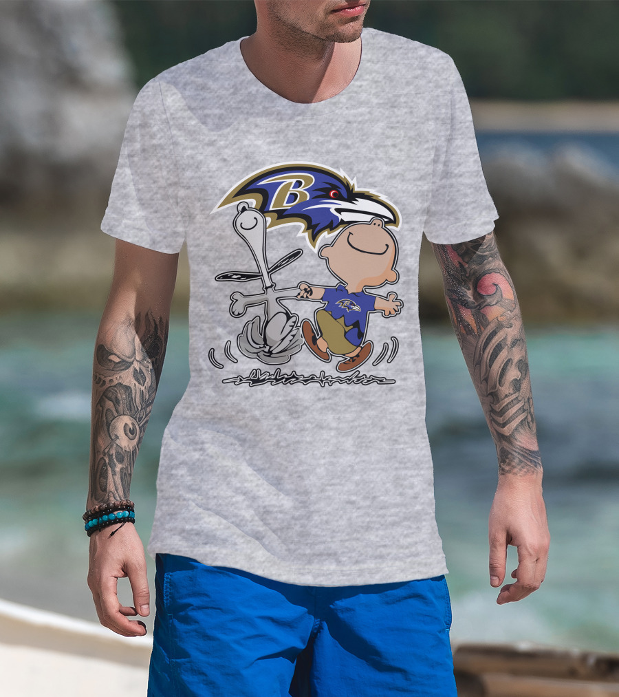Baltimore Ravens Snoopy Dance With Logo And Characters T-Shirt