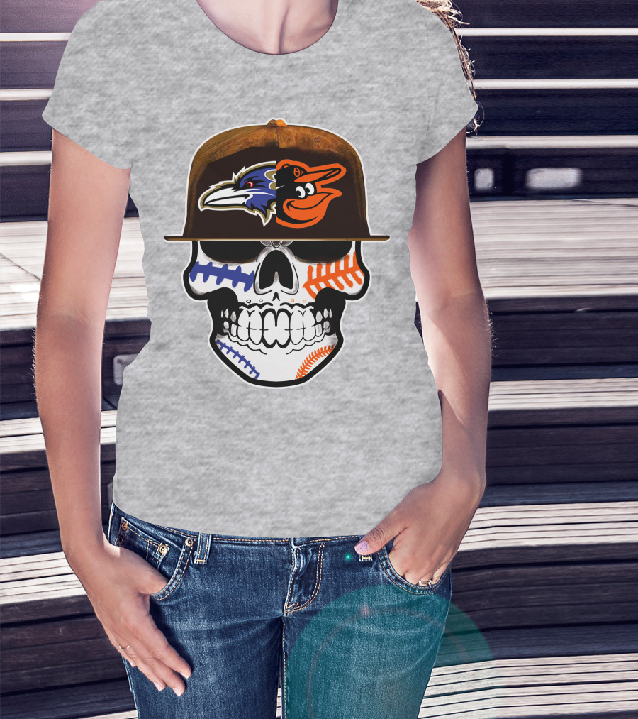 Baltimore Ravens Orioles Skull Baseball Crossover T-Shirt