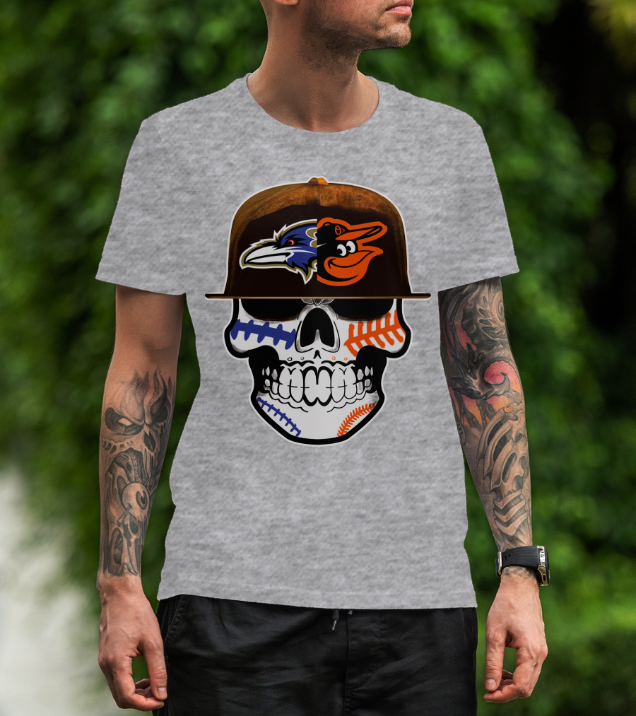 Baltimore Ravens Orioles Skull Baseball Crossover T-Shirt