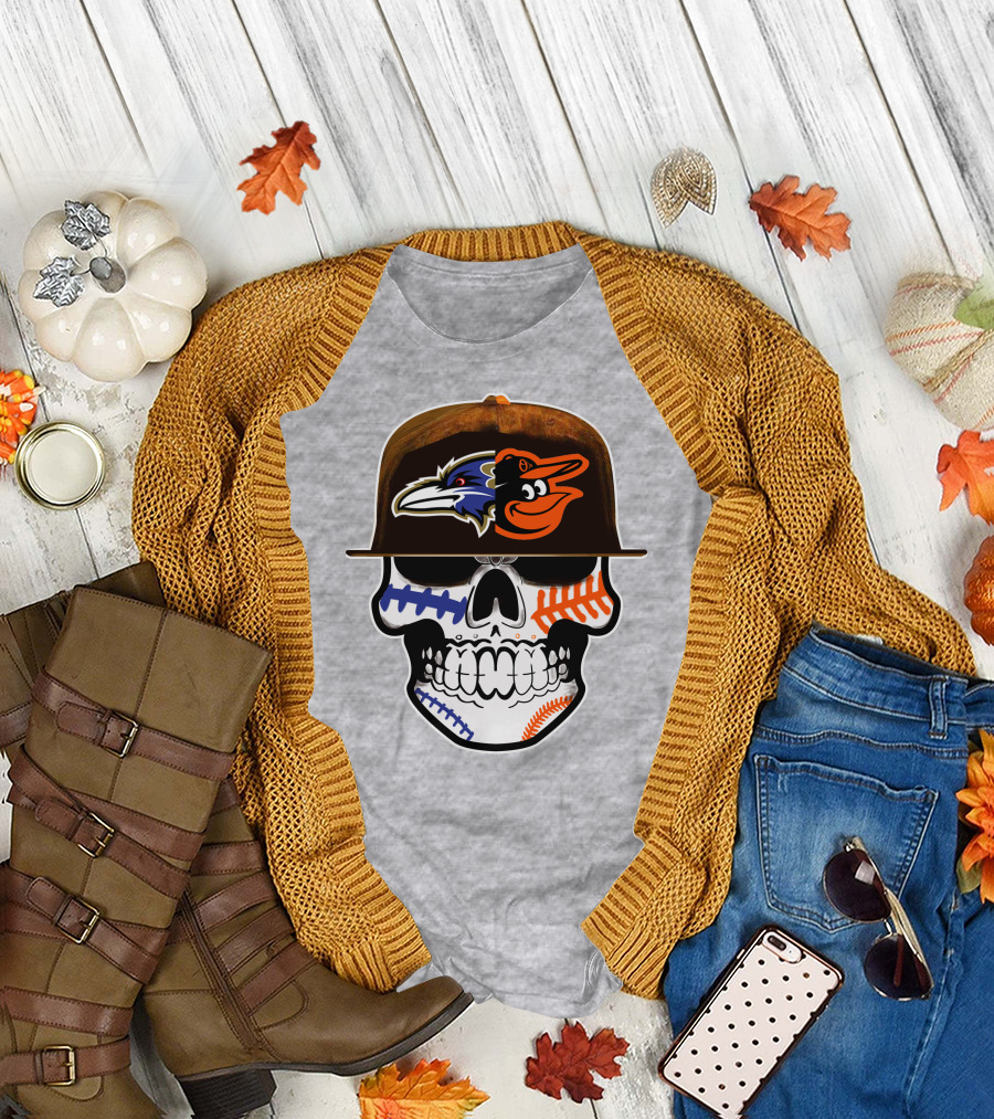 Baltimore Ravens Orioles Skull Baseball Crossover T-Shirt