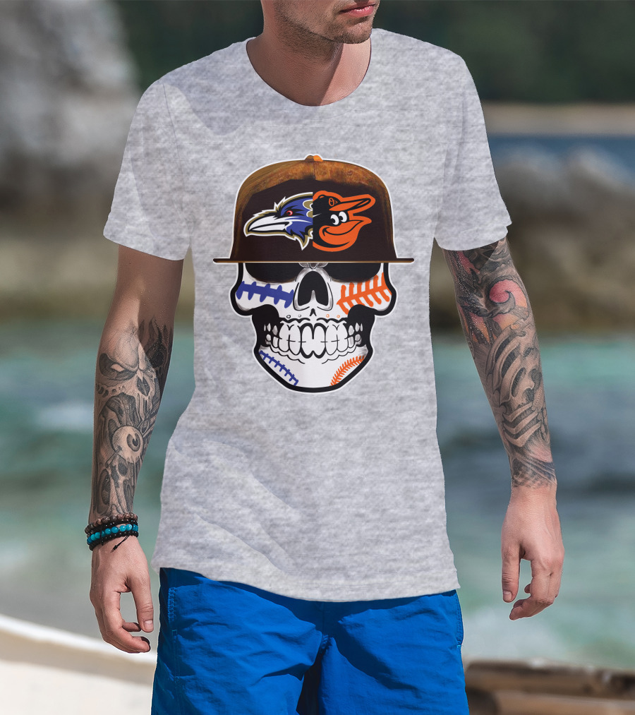 Baltimore Ravens Orioles Skull Baseball Crossover T-Shirt