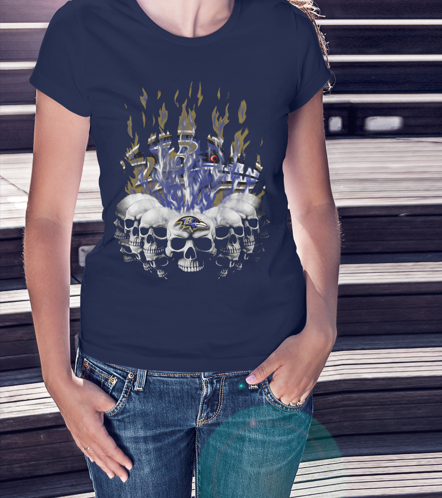 Baltimore Ravens Skull Flame Design With Team Logo T-Shirt