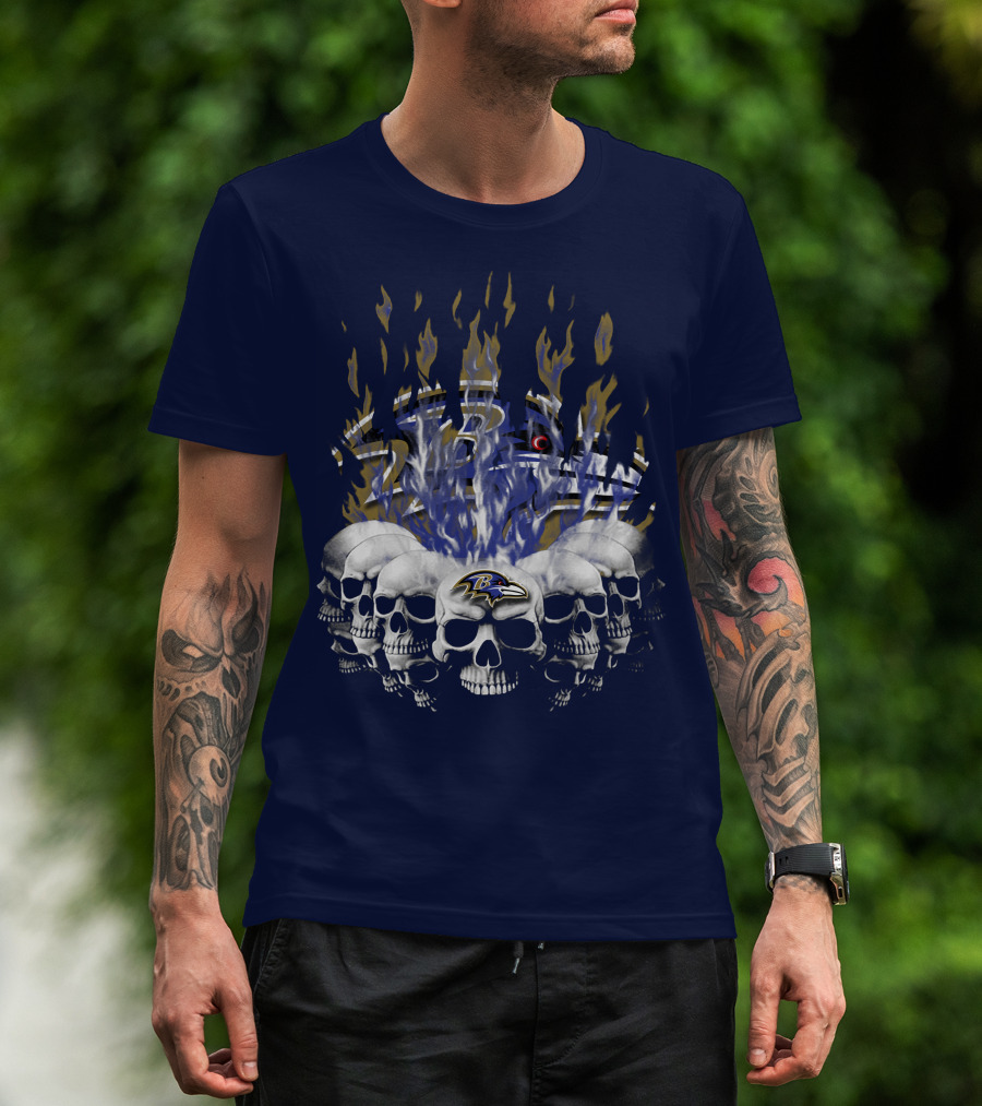 Baltimore Ravens Skull Flame Design With Team Logo T-Shirt