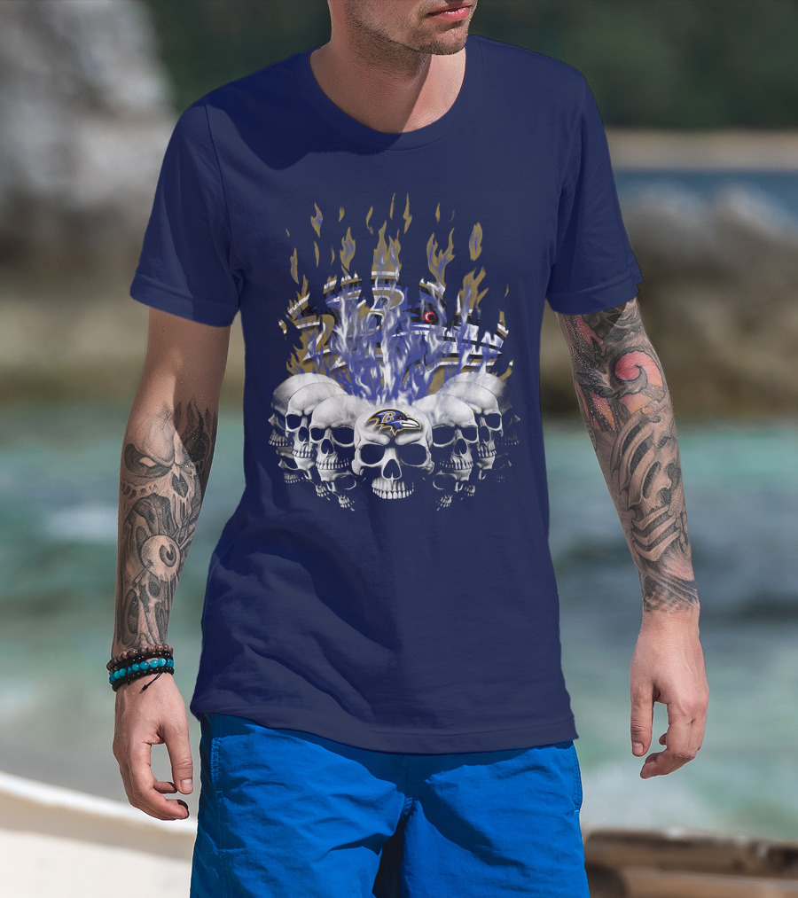 Baltimore Ravens Skull Flame Design With Team Logo T-Shirt
