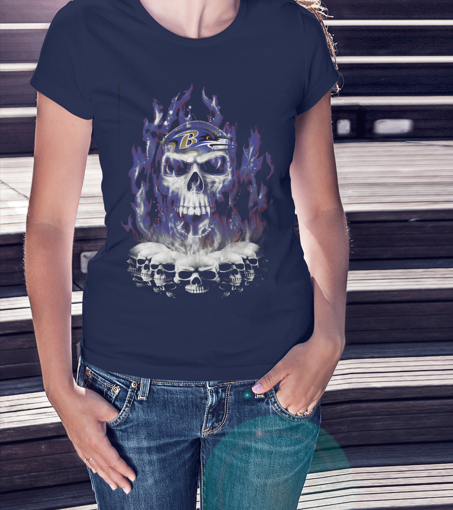 Baltimore Ravens 52 Skulls And Flames Football Helmet T-Shirt
