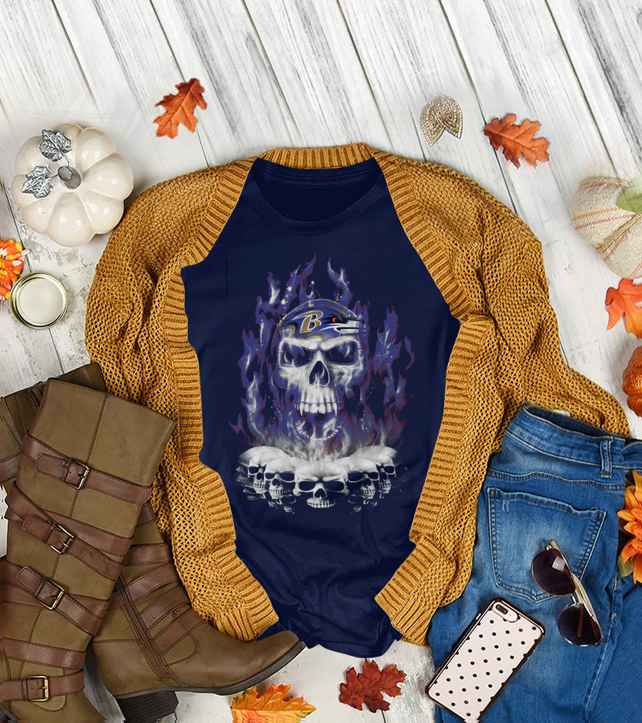 Baltimore Ravens 52 Skulls And Flames Football Helmet T-Shirt
