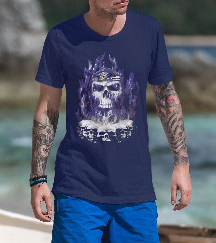 Baltimore Ravens 52 Skulls And Flames Football Helmet T-Shirt