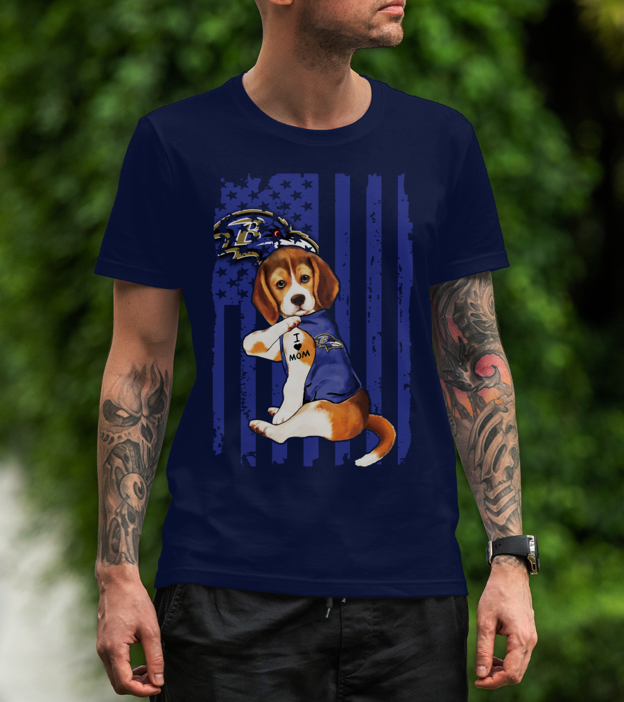 Beagle Puppy I Love Mom Baltimore Ravens Fan With Tattoo And Team Jersey T-Shirt