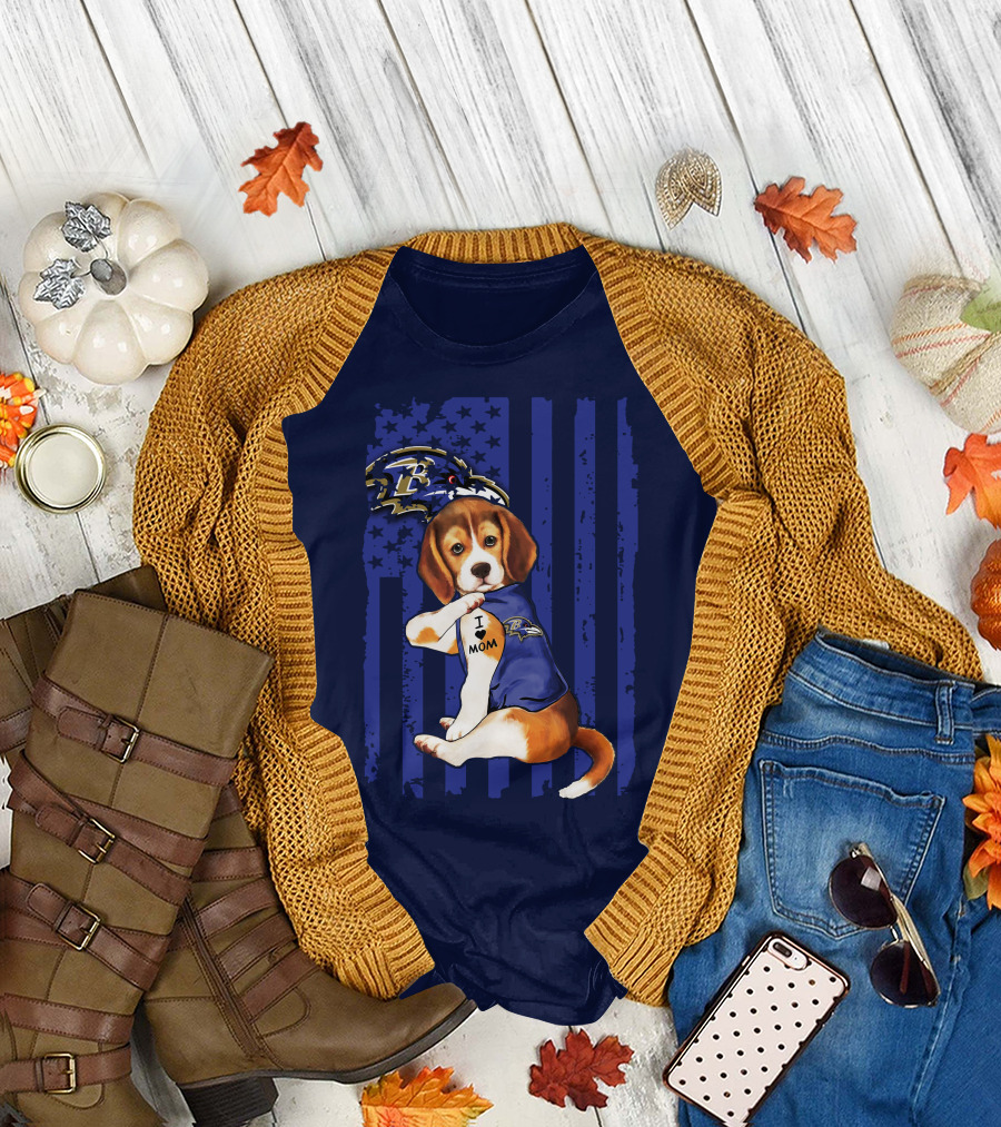 Beagle Puppy I Love Mom Baltimore Ravens Fan With Tattoo And Team Jersey T-Shirt