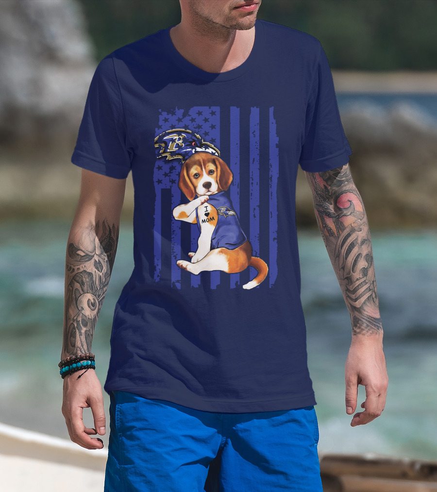 Beagle Puppy I Love Mom Baltimore Ravens Fan With Tattoo And Team Jersey T-Shirt
