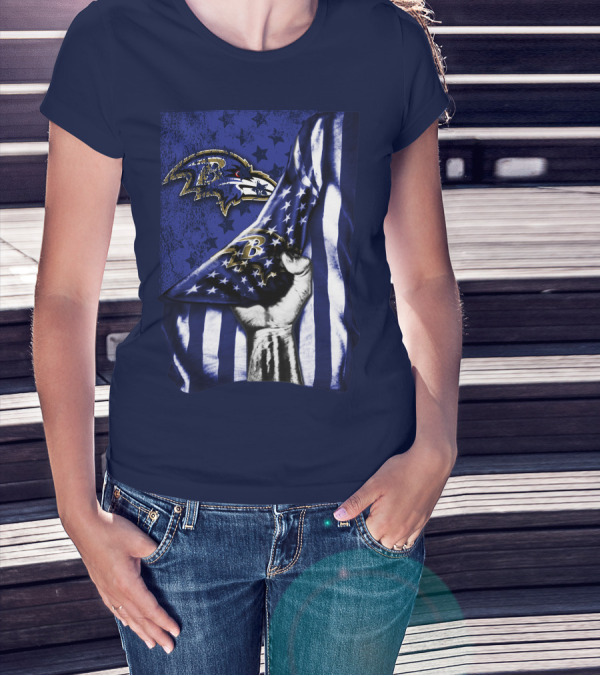 Fist Holding American Flag With Baltimore Ravens Logo And Stars T-Shirt