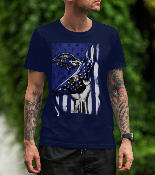 Fist Holding American Flag With Baltimore Ravens Logo And Stars T-Shirt